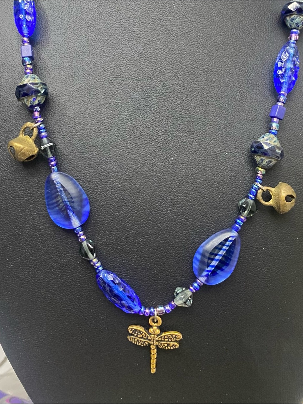 Artisan Cobalt Blue Glass Beaded Necklace Dragonfly Bell Charms 17” Boho